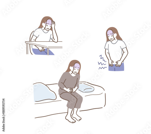 腹痛で苦しむ女性のイラストセット