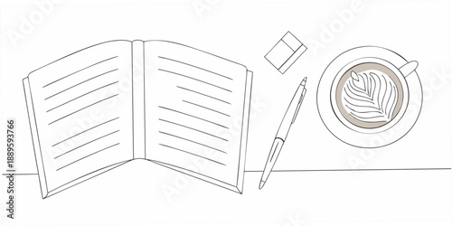 An open notebook coffee cup pen and eraser on a light surface