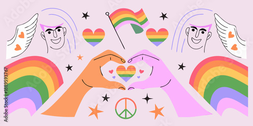 A colorful illustration celebrating pride love and acceptance with rainbow imagery