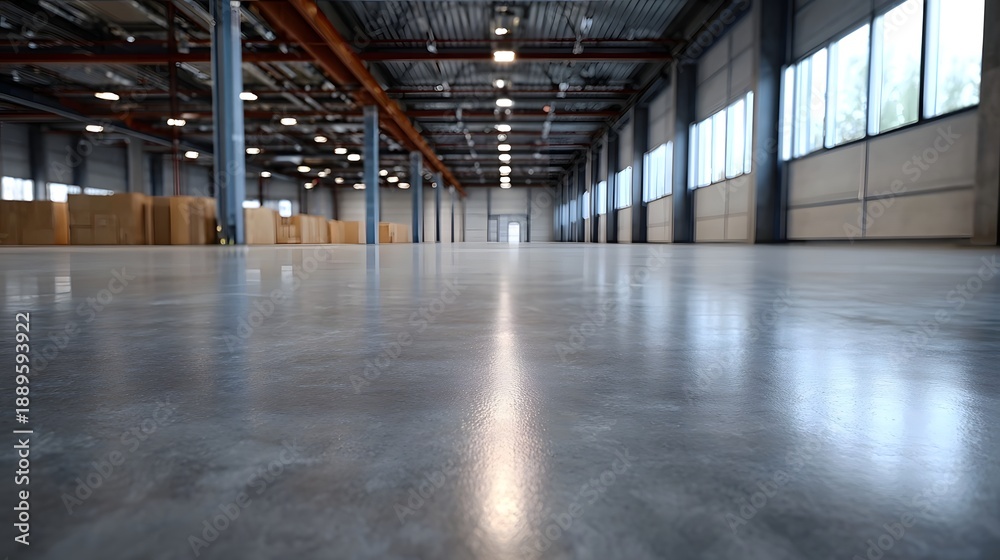 Obraz premium An empty modern warehouse interior with a polished concrete floor reflecting the overhead lights and stacks of goods