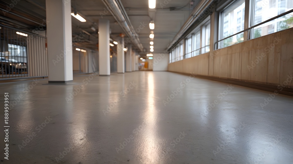 Obraz premium A modern empty parking garage corridor with a glossy wet concrete floor and bright overhead lighting