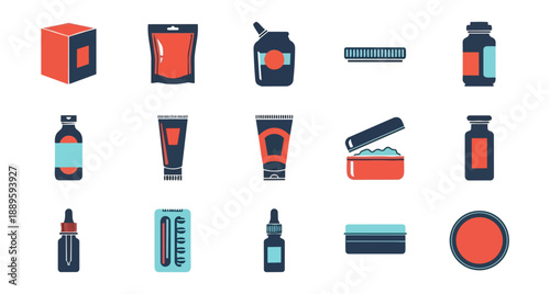 Assorted cosmetic and pharmaceutical product icons on black background