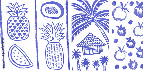 Tropical fruit and palm tree illustrations in a blue and white style
