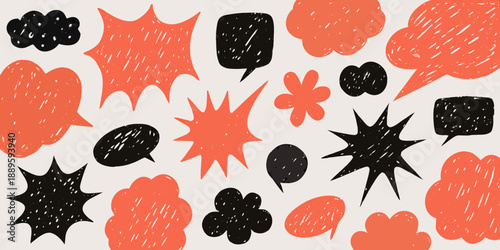 Abstract illustration featuring various shapes of speech bubbles and starbursts