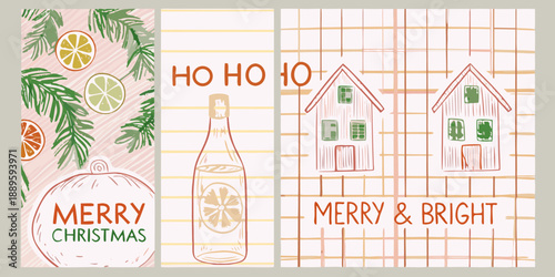 Festive holiday cards with winter themes citrus and cozy home illustrations