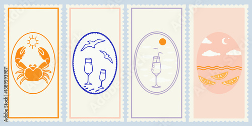 A series of illustrated postage stamps featuring zodiac symbols and summer motifs