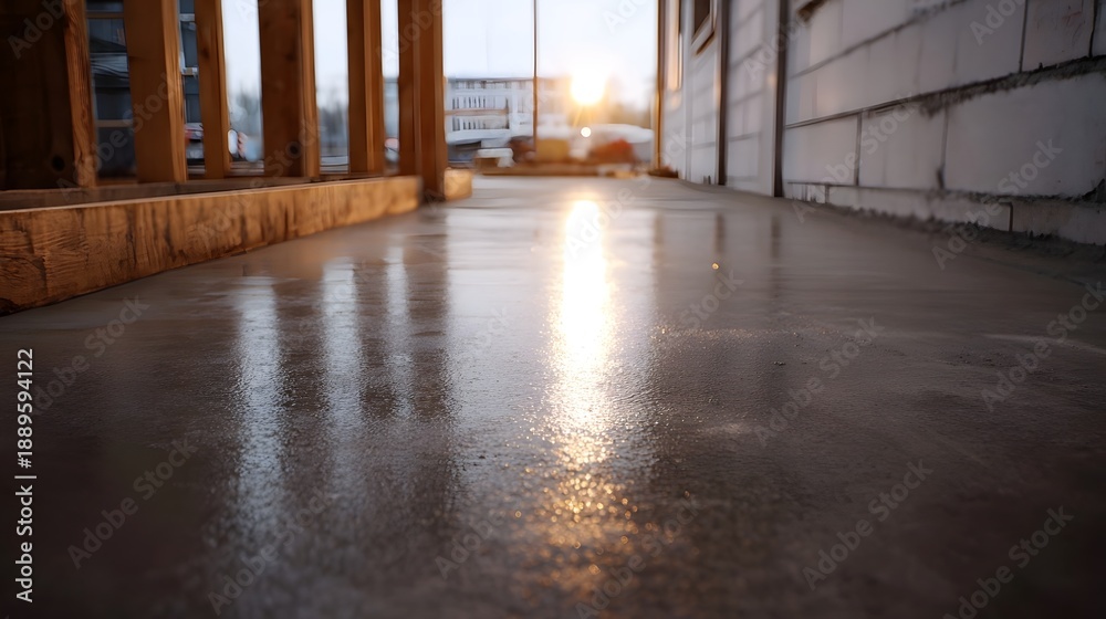 Fototapeta premium Freshly poured wet concrete floor on a construction site reflecting the bright warm glow of ambient light at dusk or dawn