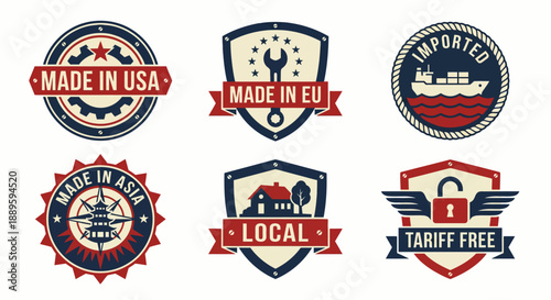 Industrial manufacturing and global trade origin labels vector illustration