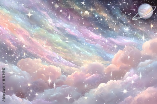Dreamy Pastel Galaxy with Shimmering Stars and Fluffy Clouds.