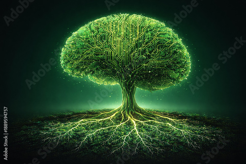 AI generated tree like a human brain glowing green circuit patterns network roots symbolizing artificial intelligence green technology digital ecosystem sustainable innovation and future data networks