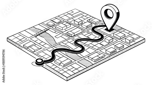 Hand drawn line art illustration of an isometric city map depicting a navigation route for location finding