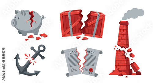 Broken objects representing economic failure vector illustration