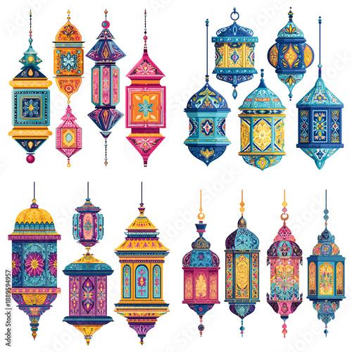 Ornate illustration set of colorful lanterns inspired by eastern decor. Decorative hanging lights collection ideal for festive design celebrations and cultural themes.