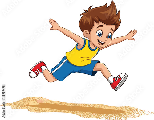 Cute cartoon boy long jump illustration, happy athletic child jumping over sand pit, playful kids sports character design for school athletics, fitness, training, and outdoor activity themes