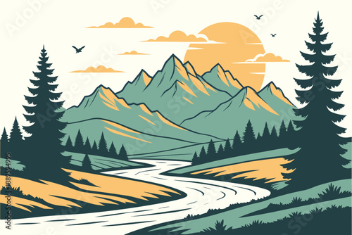 Serene Mountain Valley Sunset Flat Vector Illustration
