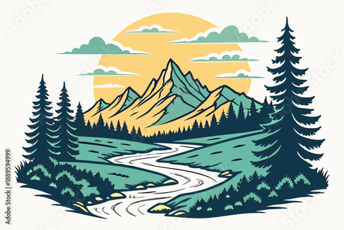 Serene Mountain Valley Sunset Flat Vector Illustration