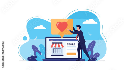Online shop owner puts a red heart speech bubble icon over a computer monitor showing a retail website to represent satisfaction.