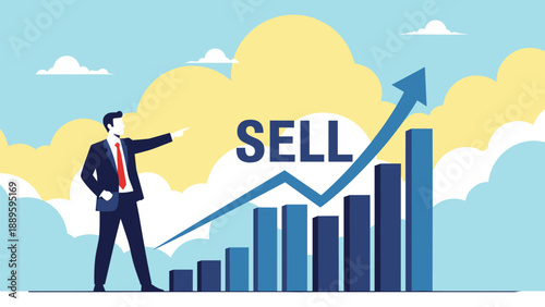 Smart business professional points at a rising bar chart with a large sell text overlay indicating a profitable time for trading.