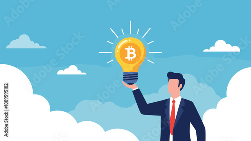 Visionary businessman holds up a glowing lightbulb with a Bitcoin symbol inside to represent an innovative idea in cryptocurrency.