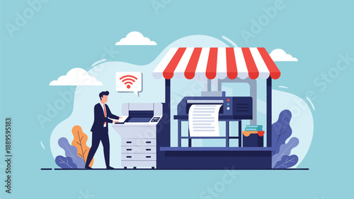 Small business owner uses a professional printer and copier inside a retail shop with a wifi symbol representing office services.
