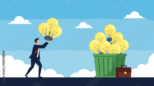 Creative professional carries a bunch of lightbulbs toward a green trash bin full of more ideas to represent the brainstorming process.