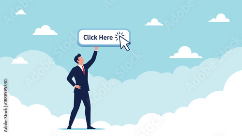 Professional businessman reaching up to press a digital click here button floating in cloudy sky for online call to action.