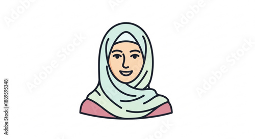 Smiling woman wearing a light green hijab and pink shirt portrait of a muslim female with a warm gentle smile on a plain white background