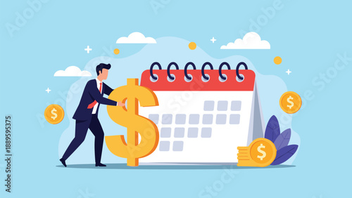 Businessman pushing large gold dollar currency symbol towards calendar for financial planning and payment schedule concept.