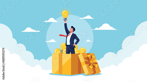 Innovative businessman emerging from gift box holding glowing light bulb symbol for creative thinking and new idea concept.