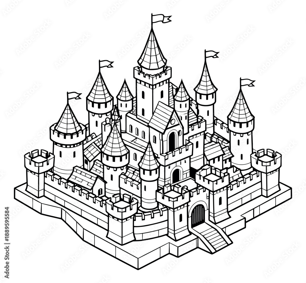 Obraz premium Line art illustration of a castle depicting a majestic fantasy fortress for fairytale stories and fantasy games