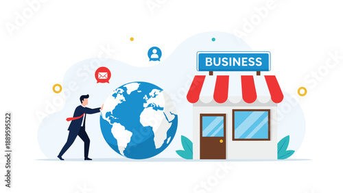 Global businessman pushing world globe towards small retail business shop representing international trade expansion.