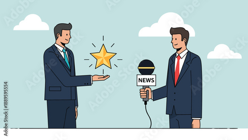 Successful professional receives a prestigious award while being interviewed by a news reporter for achieving outstanding corporate results.