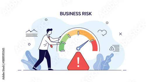 Manager monitors business risk levels using a color-coded gauge to ensure operational safety and stability during complex transitions.
