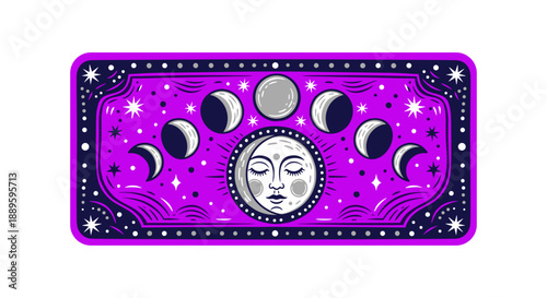 Vibrant purple moon ritual card with celestial phases isolated on white background, featuring intricate cosmic designs and mystical symbols