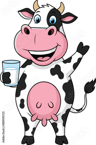 Cute cartoon cow holding glass of milk, smiling farm animal character waving hand, friendly dairy mascot for children education logo and vector design