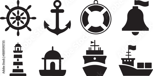 Nautical including ship wheel anchor lifebuoy bell lighthouse