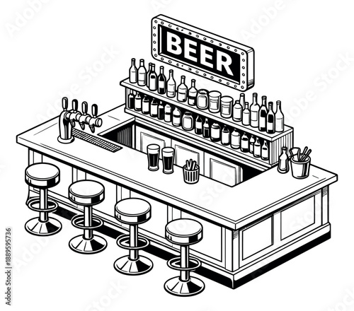 Hand drawn isometric line art illustration of a traditional bar depicting beer taps, liquor bottles, glasses, and bar stools for a pub or restaurant interior