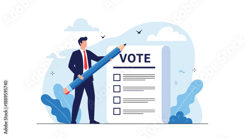 Determined professional uses a large pencil to mark a vote ballot to represent the power of choice in leadership and governance.