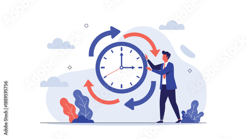Dedicated manager manually rotates the hands of a large clock to represent effective time management and optimization of schedules.