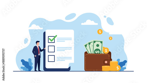 Disciplined individual reviews a financial checklist next to a wallet full of money to manage personal budget and economic stability.