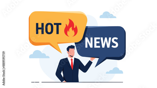 News reporter stands in front of speech bubbles featuring hot news to deliver breaking updates and keep the public informed on current events.