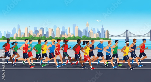 Diverse group of runners participating in a city marathon race.