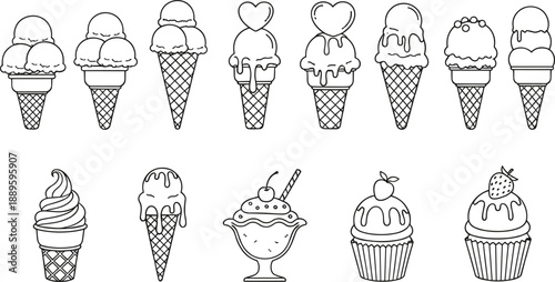 Hand drawn ice cream desserts outline set featuring cones sundaes and cupcakes perfect for coloring pages menu icons and minimalist food illustration designs