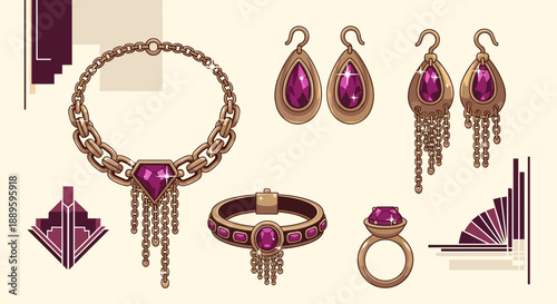 Elegant rhinestone chain jewelry set with earrings and rings isolated on white background, featuring intricate designs and vibrant purple gemstones in an art deco style