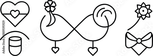 Collection of symbolic line art icons with hearts, infinity, and flowers