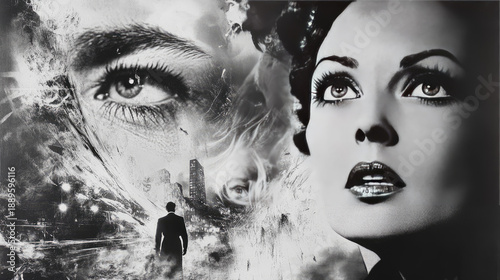 A surreal black and white artwork featuring a man walking toward a city, and a woman looking up. An artistic representation of abstract elements AI Generative