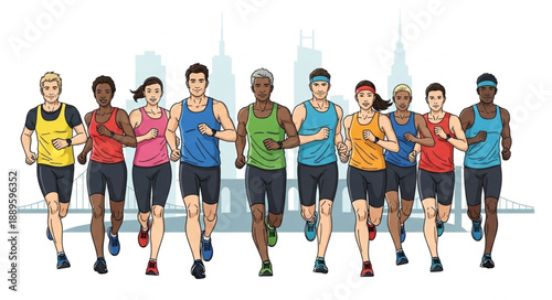 Diverse group of runners participating in a city marathon race.