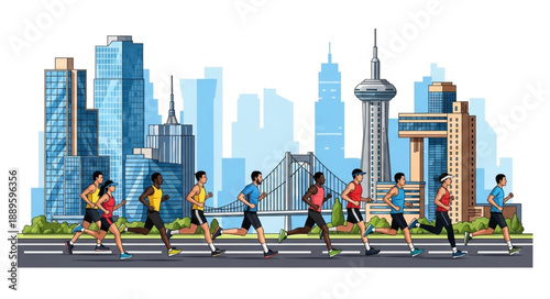 Diverse group of runners participating in a city marathon race.