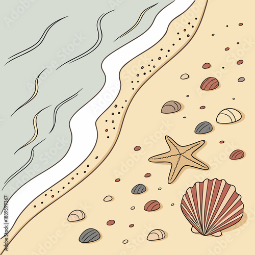 Tranquil Beach Shoreline with Shells and Gentle Wave Lines