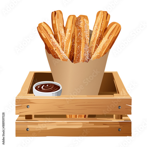 Deep fried churros pastry sticks with chocolate sauce served in a rustic wooden crate box - Vector Illustration